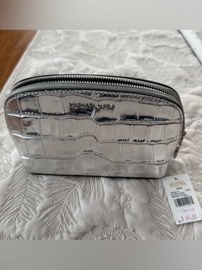 Michael Kors Metallic Silver Croc-Embossed Cosmetic Bag